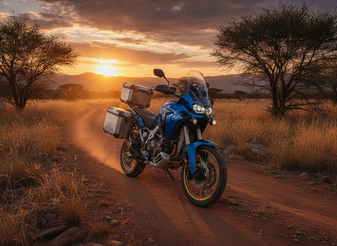 Beautiful metallic paint Honda Africa Twin Adventure Sports motorcycle parked along a dusty dirt track during sunset