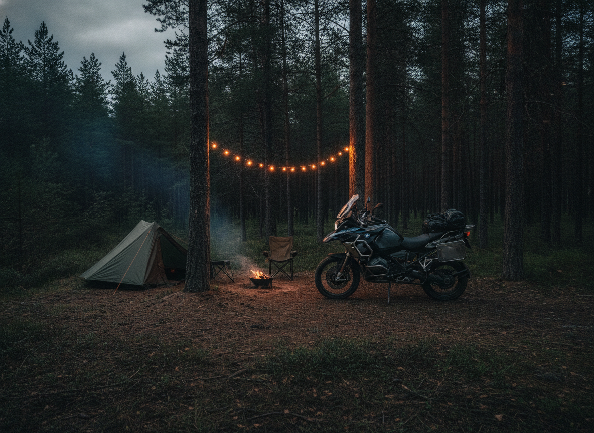 Dark moody outdoor view of premium BMW R 1300 GS Adventure motorcycle stationed by an overland camping perimeter deep in a pine woodland clearing
