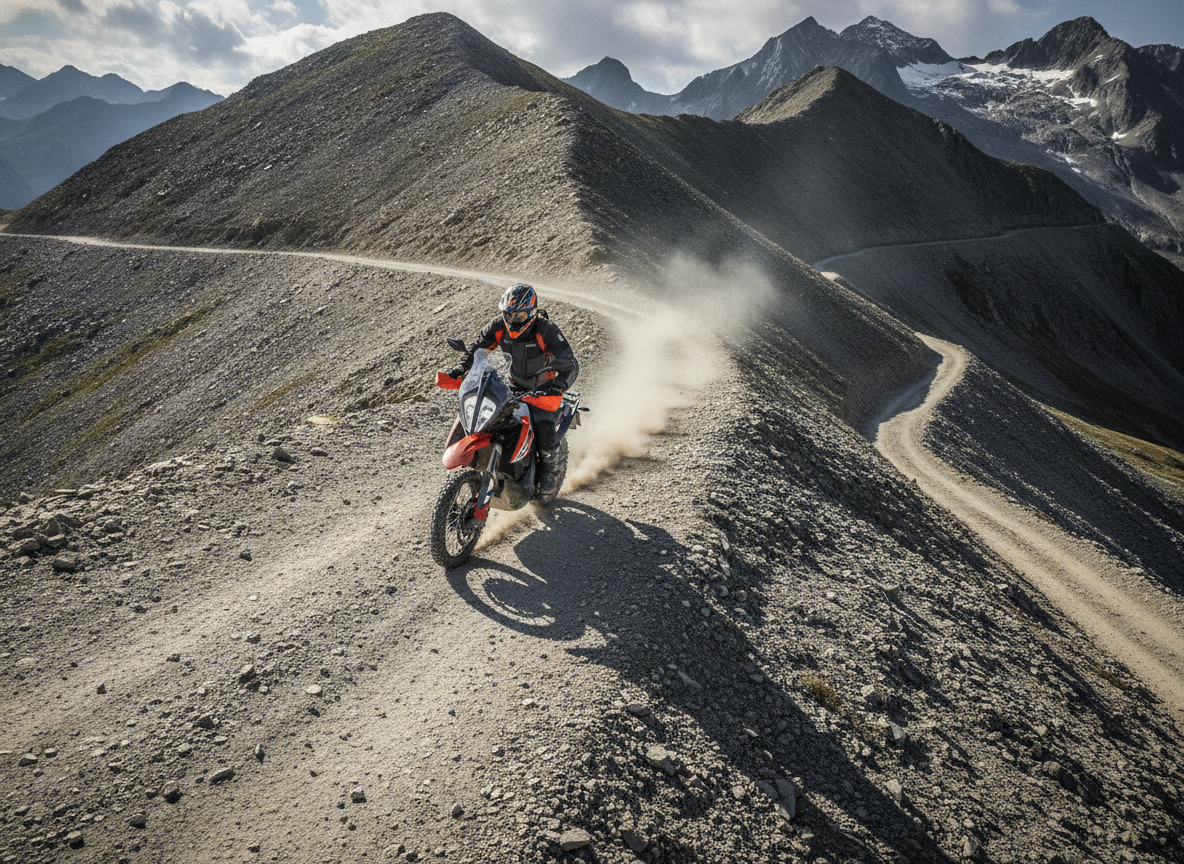 High contrast outdoor photo of high performance KTM 890 Adventure R dual sport motorcycle climbing steep loose gravel switchbacks on a high mountain ridge