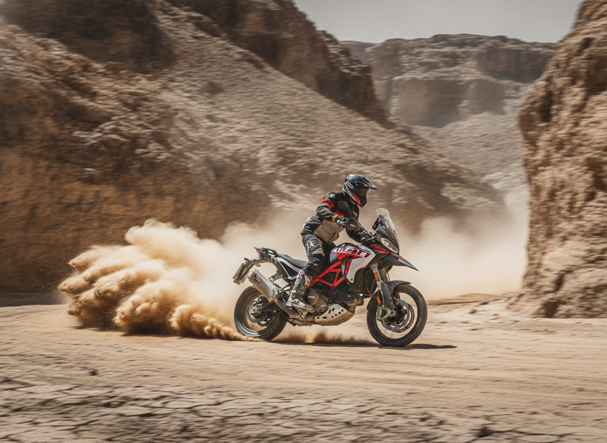 High contrast racing layout photo of high performance Ducati DesertX Rally dual sport motorcycle cruising fast over a dust trail in a dry canyon pass