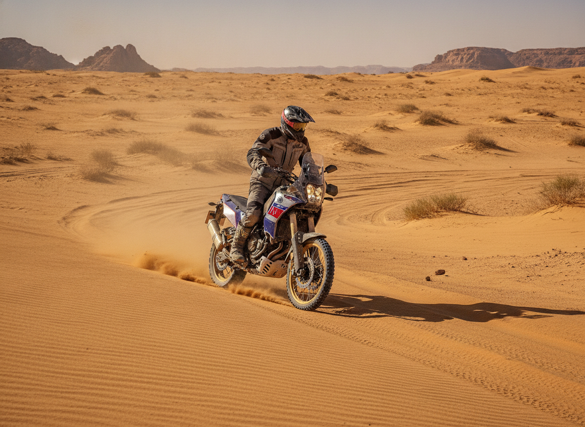 Rugged Yamaha Tenere 700 World Rally edition motorcycle traversing deep dry sandy wash dunes in a hot remote desert wilderness zone